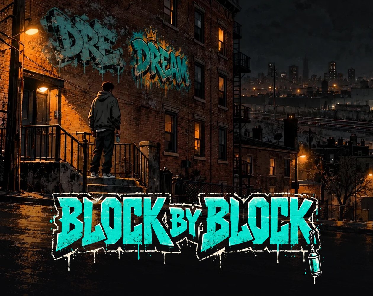 Block by Block key art: a figure on a rainy brick street at night under graffiti, with the Block by Block wordmark